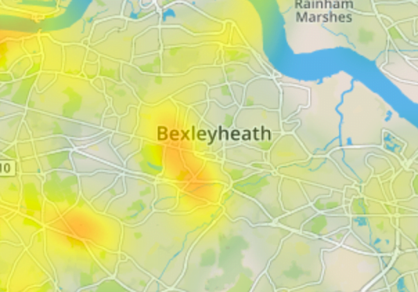 close up of Bexley on Environet's Exposed Japanese knotweed heatmap