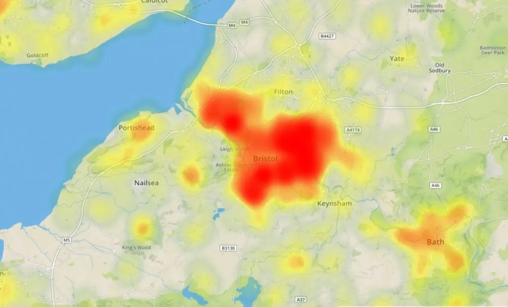 close up of Bristol on Environet's Exposed Japanese knotweed heatmap