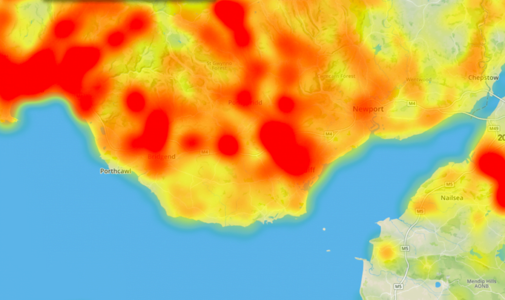 close up of Cardiff on Environet's Exposed Japanese knotweed heatmap
