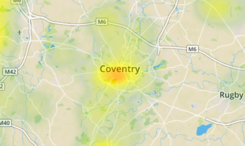 close up of Coventry on Environet's Exposed Japanese knotweed heatmap