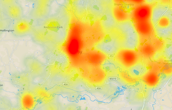 close up of Derby on Environet's Exposed Japanese knotweed heatmap