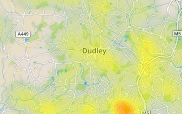 close up of Dudley on Environet's Exposed Japanese knotweed heatmap