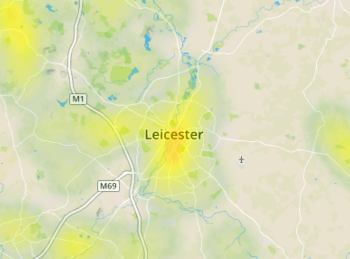 close up of Leicester on Environet's Exposed Japanese knotweed heatmap