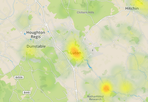 close up of Luton on Environet's Exposed Japanese knotweed heatmap