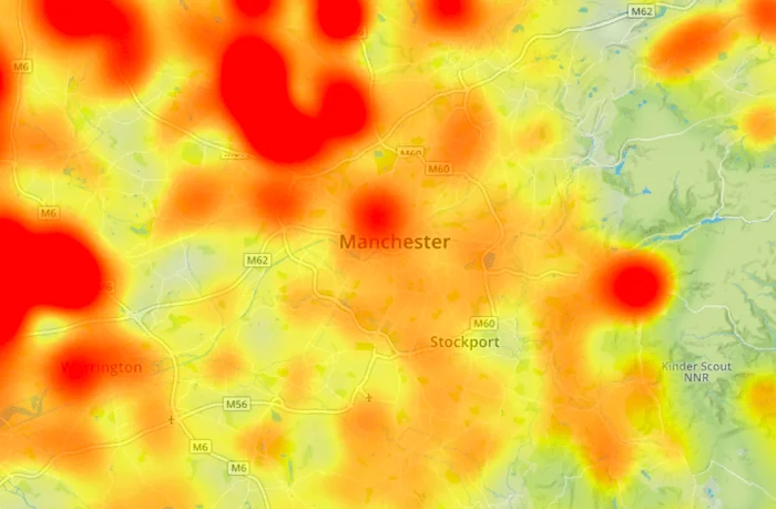 close up of Manchester on Environet's Exposed Japanese knotweed heatmap