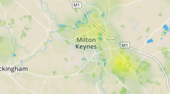 close up of Milton Keynes on Environet's Exposed Japanese knotweed heatmap
