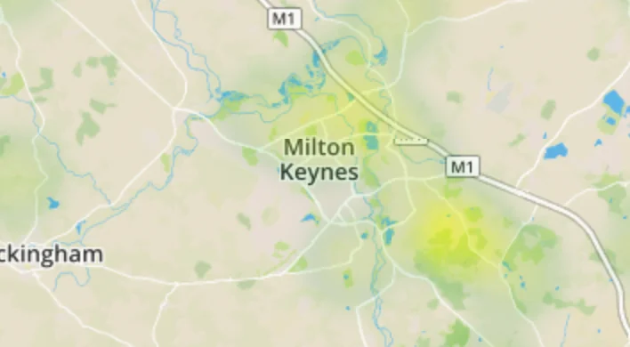 close up of Milton Keynes on Environet's Exposed Japanese knotweed heatmap