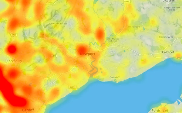 A close up of Newport on Environet's exposed Japanese knotweed heatmap