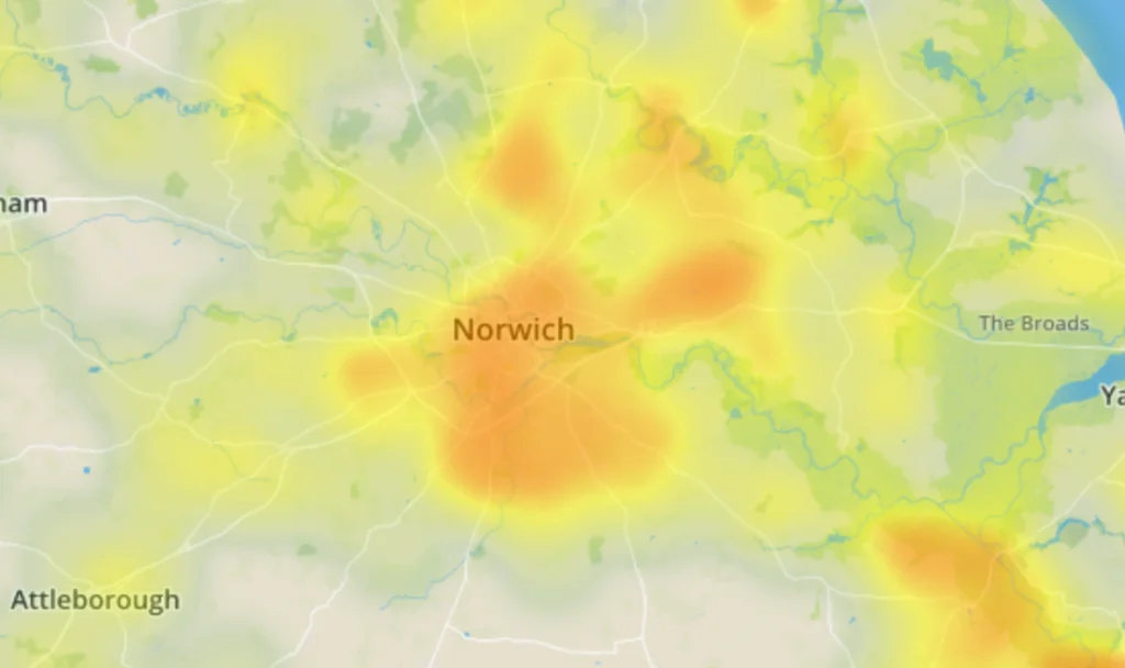 close up of Norwich on Environet's Exposed Japanese knotweed heatmap