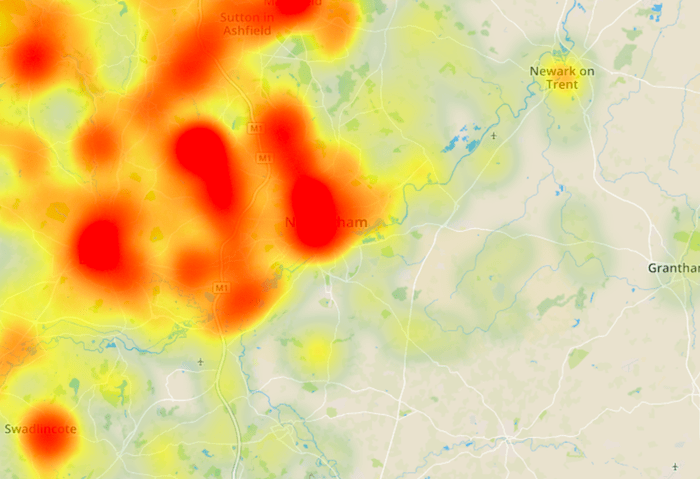 close up of Nottingham on Environet's Exposed Japanese knotweed heatmap