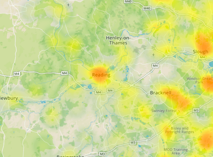 close up of Reading on Environet's Exposed Japanese knotweed heatmap