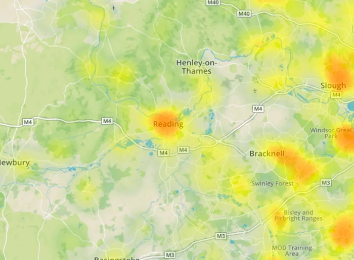 close up of Reading on Environet's Exposed Japanese knotweed heatmap