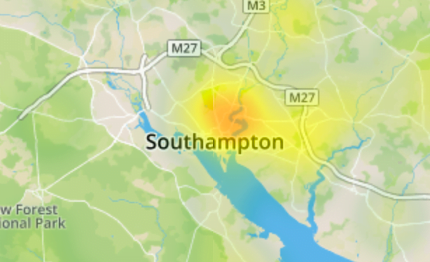 close up of Southampton on Environet's Exposed Japanese knotweed heatmap
