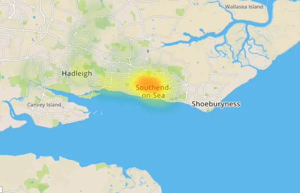 close up of Southend-on-Sea on Environet's Exposed Japanese knotweed heatmap