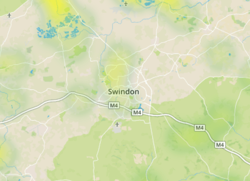 close up of Swindon on Environet's Exposed Japanese knotweed heatmap
