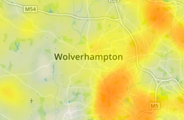 close up of Wolverampton on Environet's Exposed Japanese knotweed heatmap