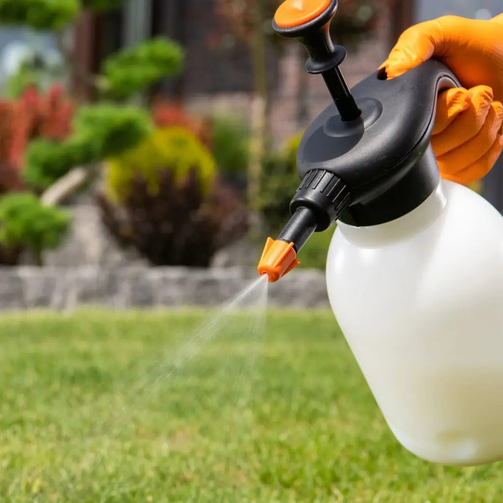 Hand held herbicide applicator spraying herbicide